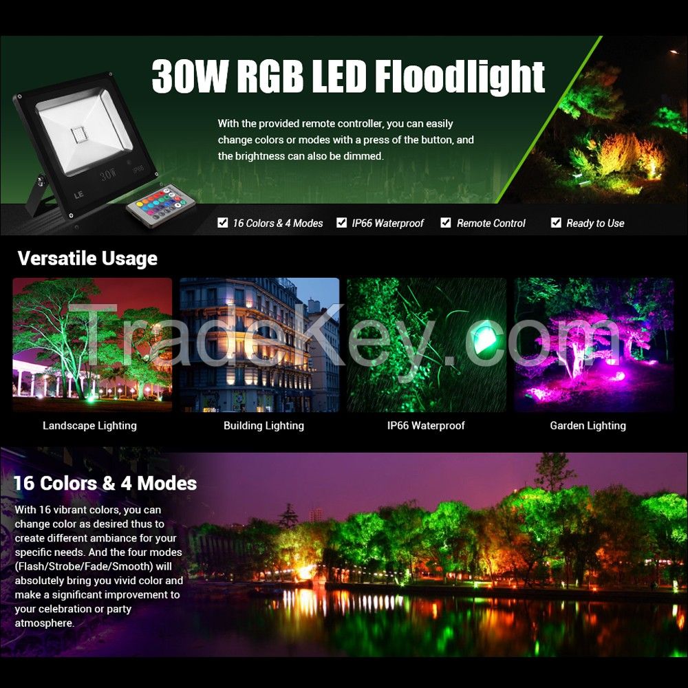 30W RGB LED Flood Light, Color Changing, 16 Colors & 4 Modes, Waterproof, with Remote Control