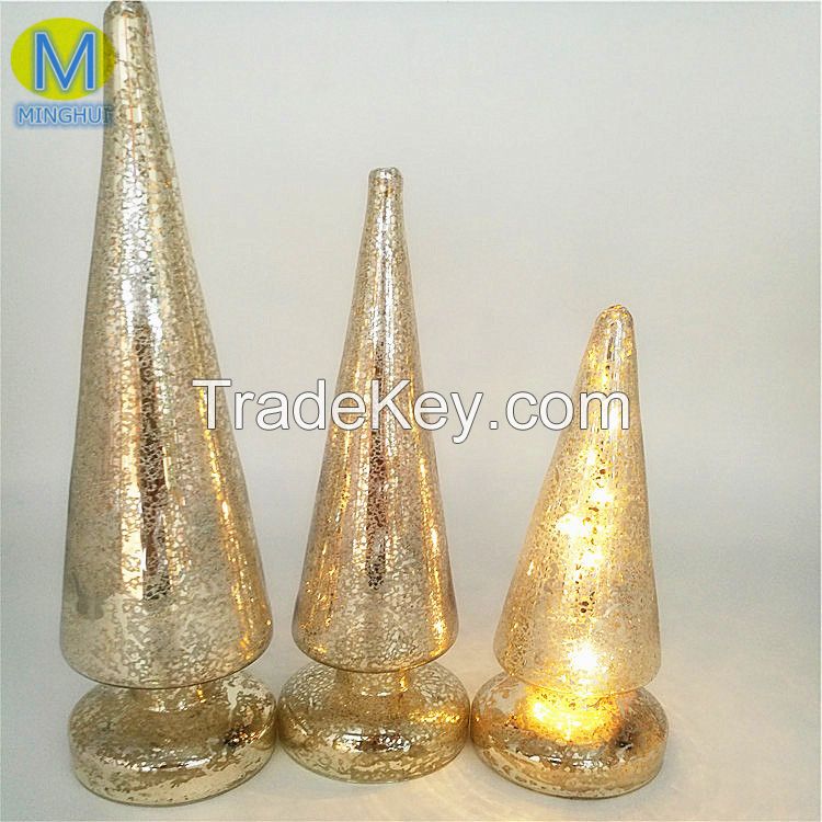 Lighted Silver glass christmas tree, christmas tree figurine set with led light