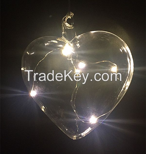 Battery operated glass heart shaped led christmas lights, led glass ornament, fairy light