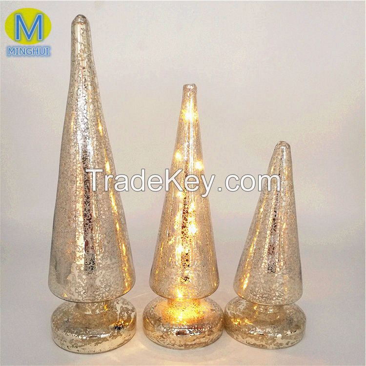 Lighted Silver glass christmas tree, christmas tree figurine set with led light