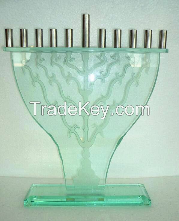 Handmade Glass judaica menorah,Glass judaica candle holder,judaica candlestick,hanoukia