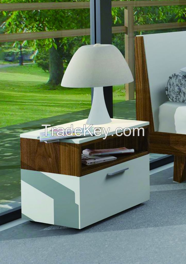 white matt gloss and walnut veneer night stand with metal handle in bedroom