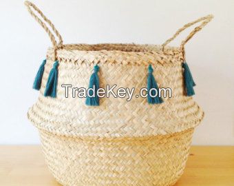 Pompom seagrass basket/ storage basket/ belly seagrass basket