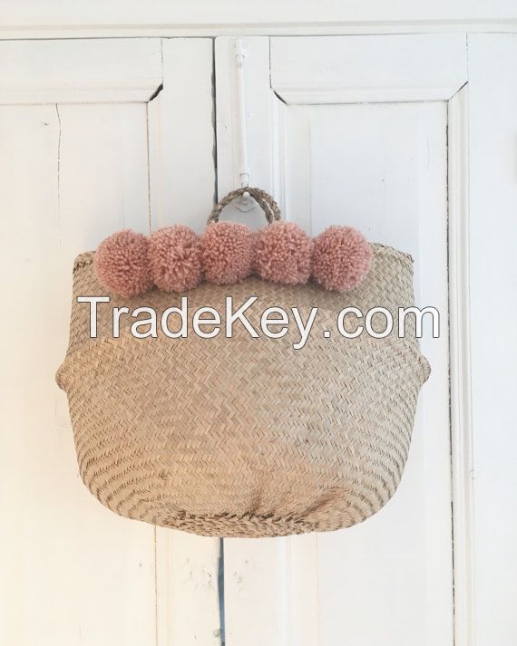 Pompom seagrass basket/ storage basket/ belly seagrass basket