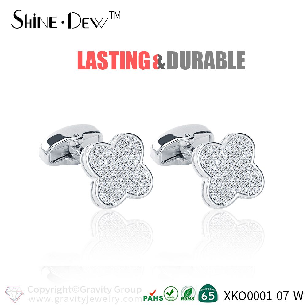 2018 Custom Jewelry White Gold Micro Pave Zircon Clover Cuff Links/Cufflinks