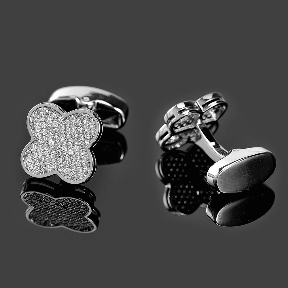 2018 Custom Jewelry White Gold Micro Pave Zircon Clover Cuff Links/Cufflinks