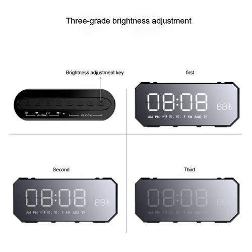 Bluetooth Wireless Speaker with Dual Alarm Clock, Digital FM Radio, 3.5mm Aux Line-in TF Card Play, Thermometer, Large Mirror LED Dimmable Display for Hotel,Home,Office,Bedroom,Travel