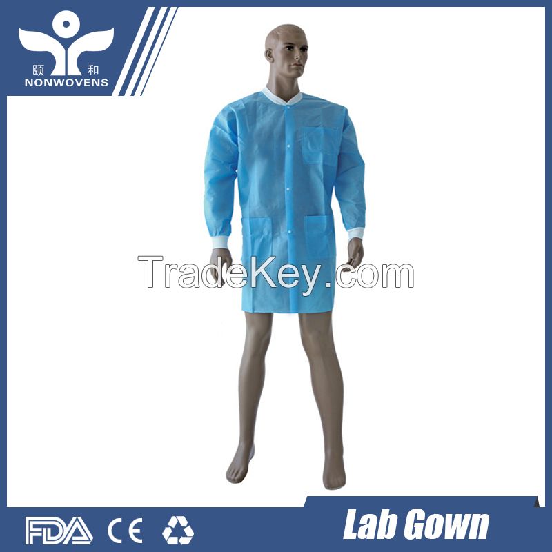 PP non-woven lab coat, disposable hospital lab coat with knitted cuff
