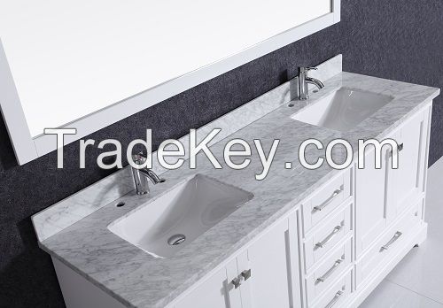 Modern double sink bathroom vanity cabinet with marble countertop