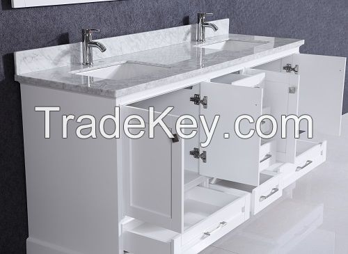 Modern double sink bathroom vanity cabinet with marble countertop