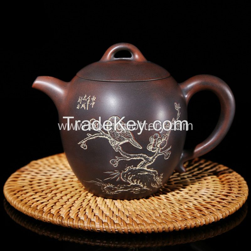 230ml Handmade Customized Large Capacity Qinzhou Nixing Pottery Happiness In Eyes Tea Pot  Purple Clay Pot 