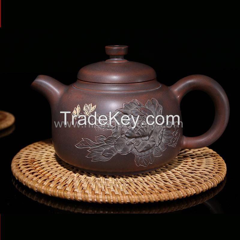 Purple Clay Chinese Nixing Peony Engraving Tea pot Pure Handmade Big Capacity Teapot