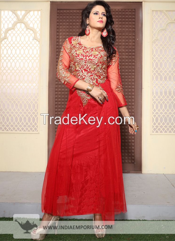 Smashing Net Red Embroidered Semi Stitched Gown