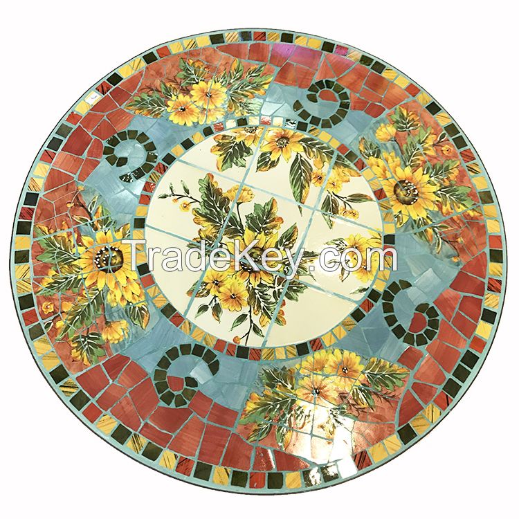 Hand Crafted Flower Mosaic Top Metal Patio Bistro Outdoor Furniture Sets