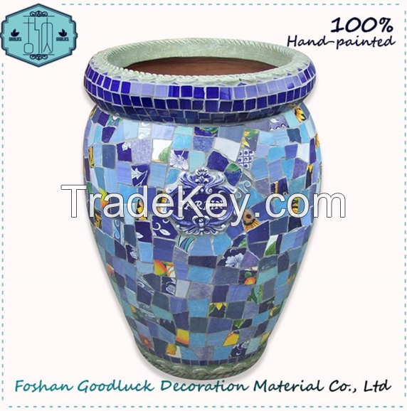 Hot Sale Hand Painting Blue Color Large Mosaic Flower Pots Planters