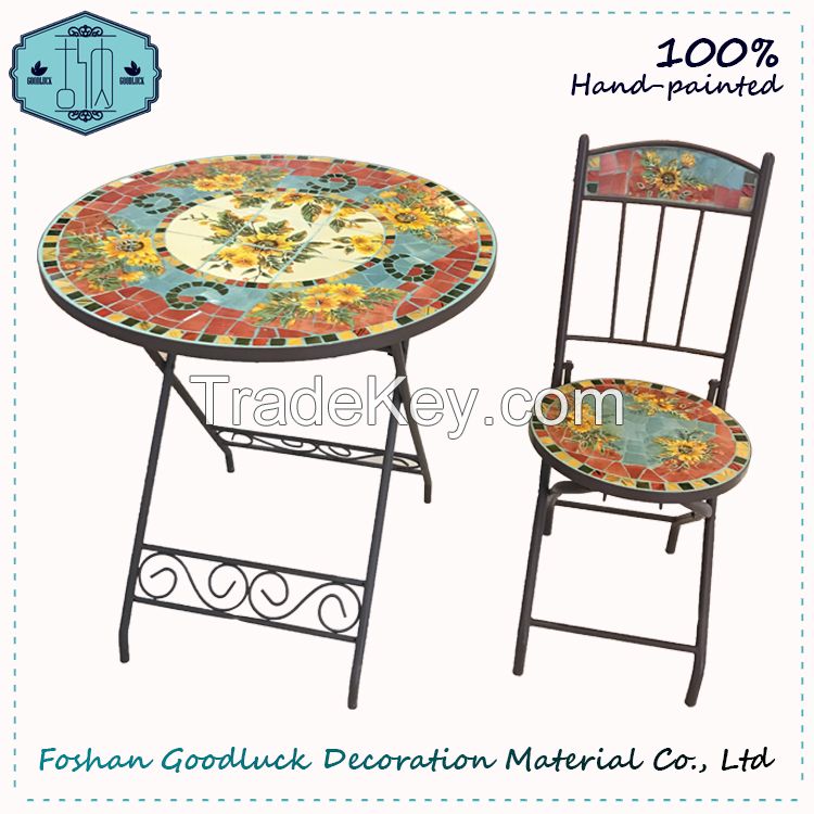 Hand Crafted Flower Mosaic Top Metal Patio Bistro Outdoor Furniture Sets