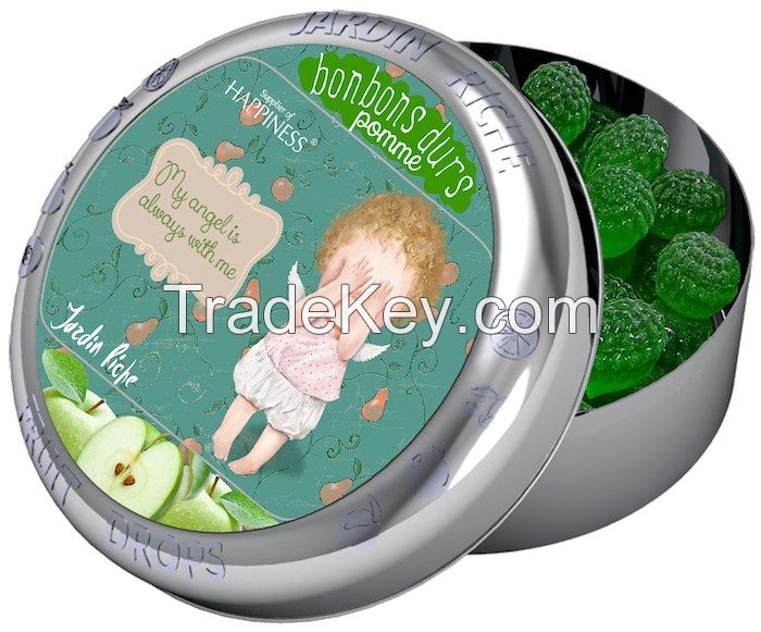 Jardin Riche natural apple flavoured hard candy drops in tin with magnet