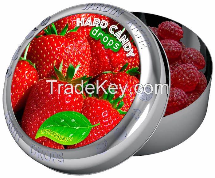 Jardin Riche natural strawberry flavoured hard candy drops in tin with magnet