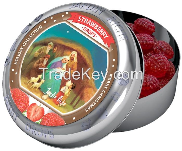 Jardin Riche natural strawberry flavoured hard candy drops in tin with magnet