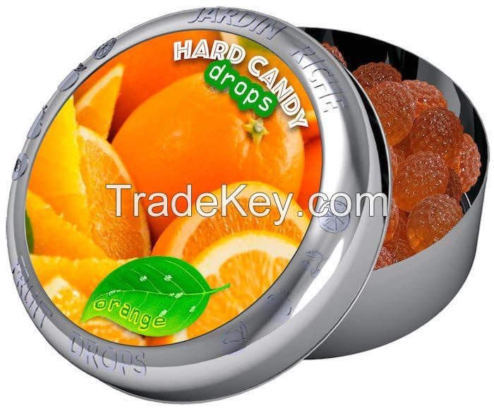 Jardin Riche natural orange flavoured hard candy drops in tin with magnet