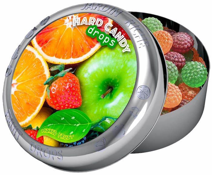 Jardin Riche natural mixed fruit flavoured hard candy drops in tin with magnet