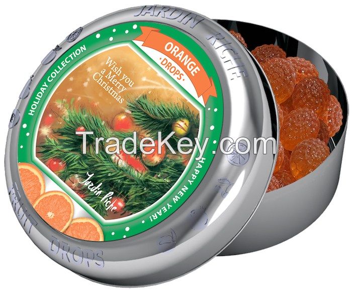 Jardin Riche natural orange flavoured hard candy drops in tin with magnet