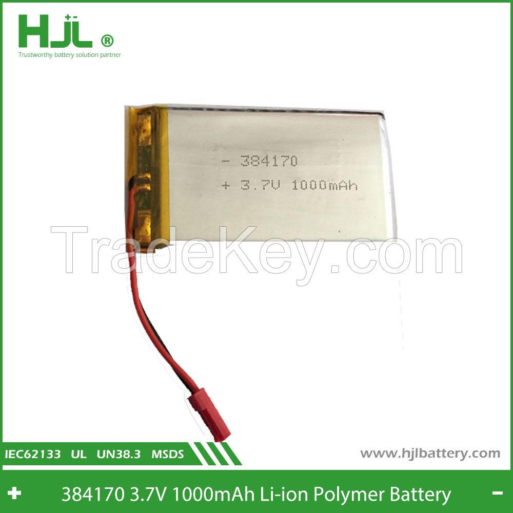 lithium polymer battery pack 384170 1000mAh 3.7V with pcb wire connector assembly