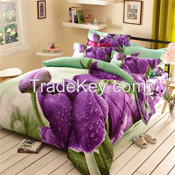 cheap reactive print 3D floral Queen and King Quilt Cover and Bed Sheet Bedding Set 