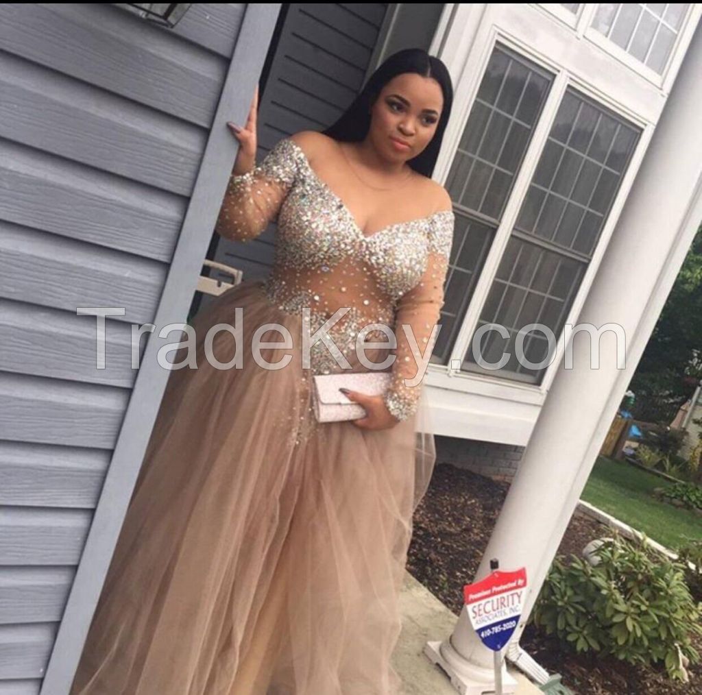 Plus Size Custom Made Long Sleeve Champange Beading Prom Evening Dress ItemNe0010