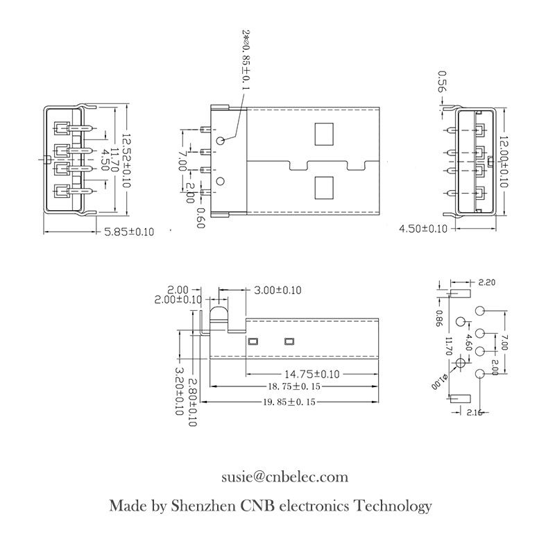 Surface Mount Soldeing USB A type Male Connector