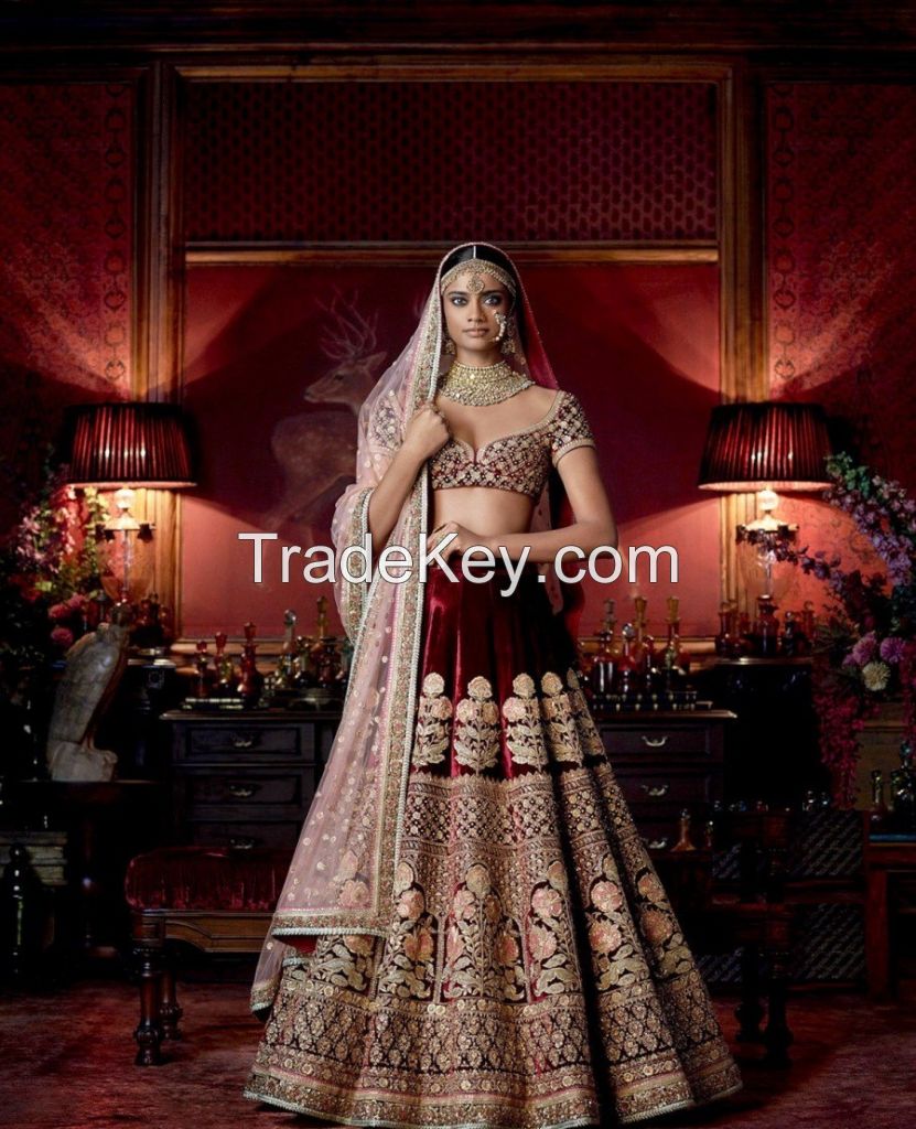 Maroon Pure Velvet Embroidered Designer Lehenga