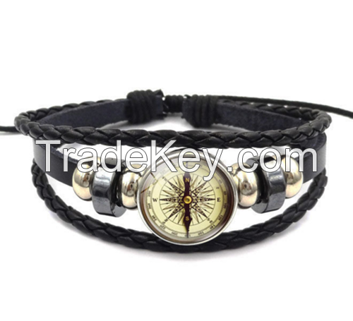 Hand Woven PU Leather Bangle Gemstone Compass Retro Bracelet