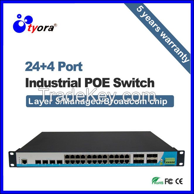 10/100/1000Mbps 128G 24 port layer 3 industrial Managed poe switch 4  10G port 8 combox port support o-ring aggregation VLAN SNMP