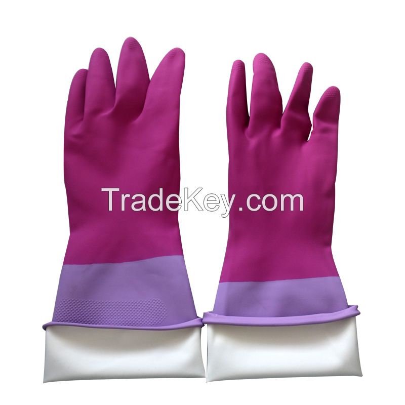 14" 90g Rose pink-Light Purple Bicolor Flocklined  Household Anti-microbial glove