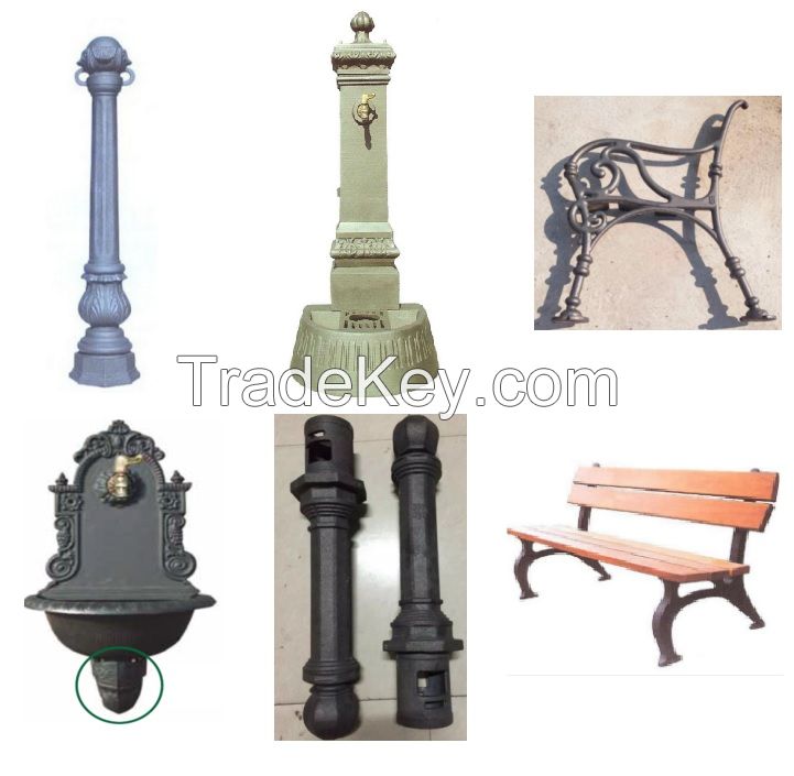 Cast iron bollard; bench ; fountain