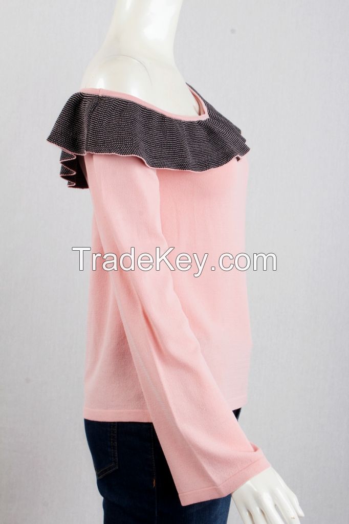 M71010 Ruffle Cold Shoulder Neckline Women Knitting Pullover