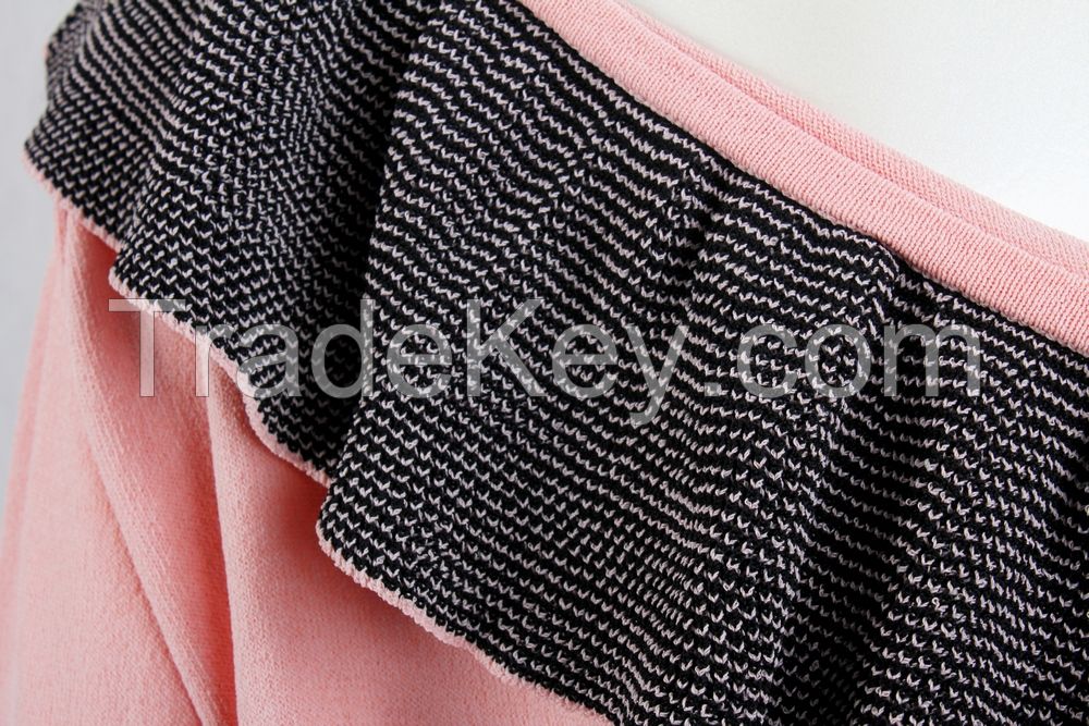 M71010 Ruffle Cold Shoulder Neckline Women Knitting Pullover