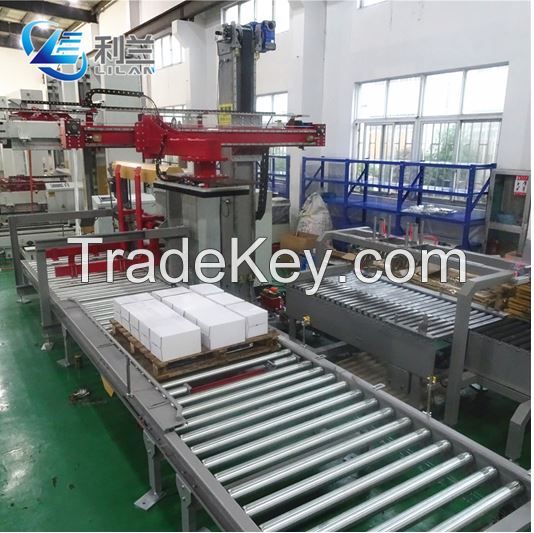 Fully Automatic small single column palletizer and carton packer for bottles cartons packs bags