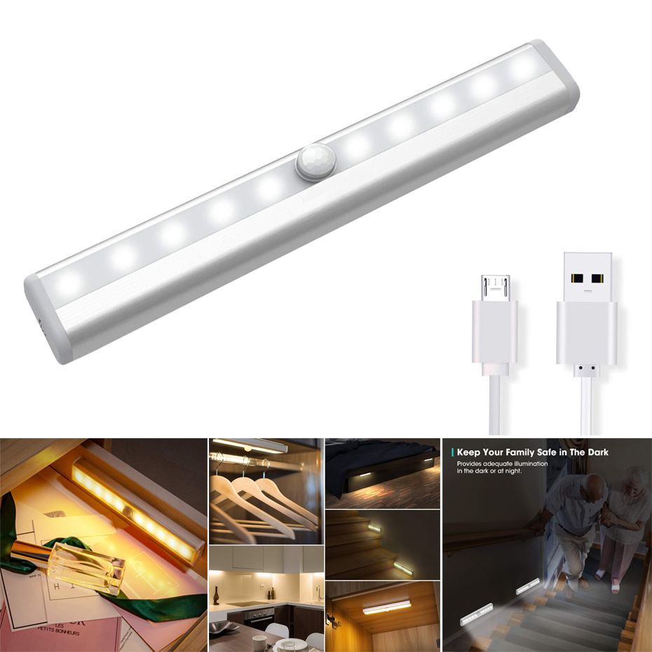 10 LED Wireless USB Rechargeable Motion Sensor Cabinet Light Under Counter Closet Lighting Magnetic Stick-on Night Light Bar