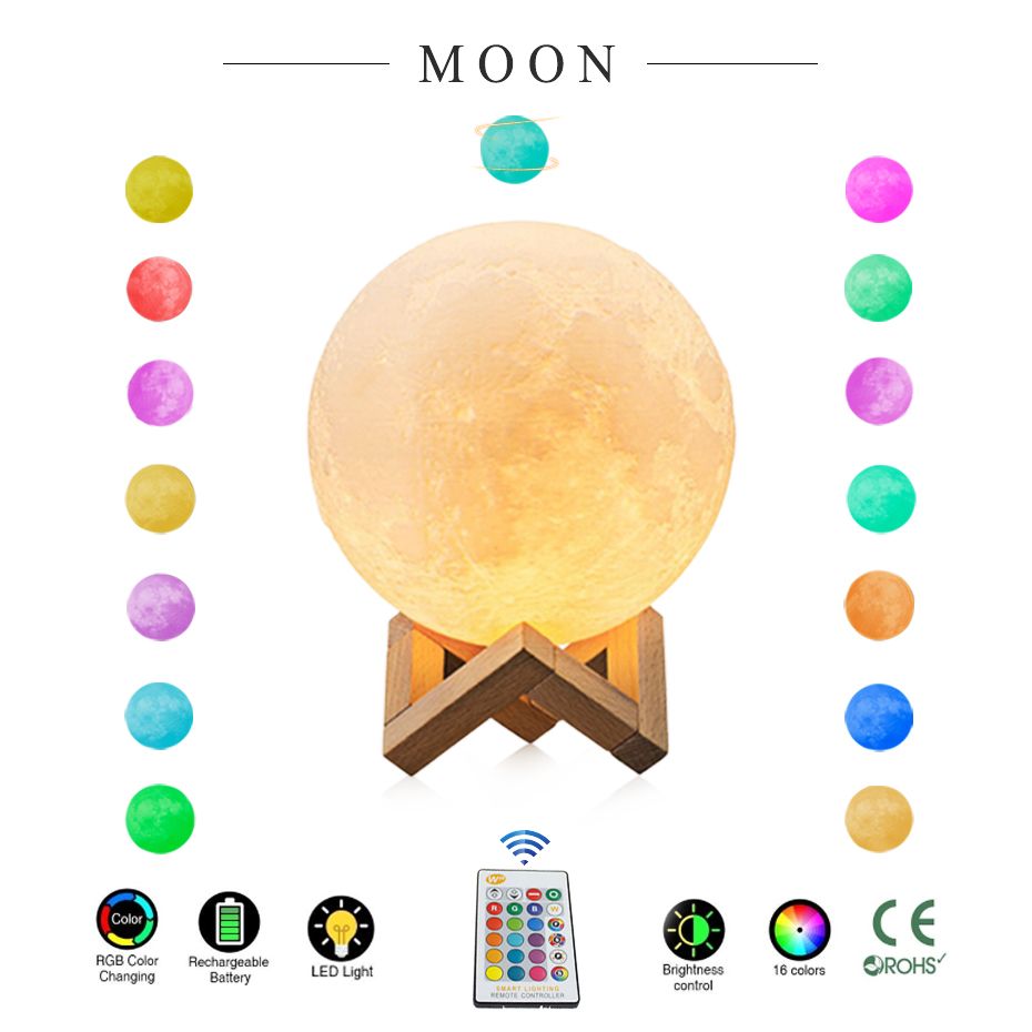 3D Print USB Charging Moon Night Lamp Moon Lamp Color Change Lunar Dimmable Touch Moon Light For Bedroom Decoration Gift