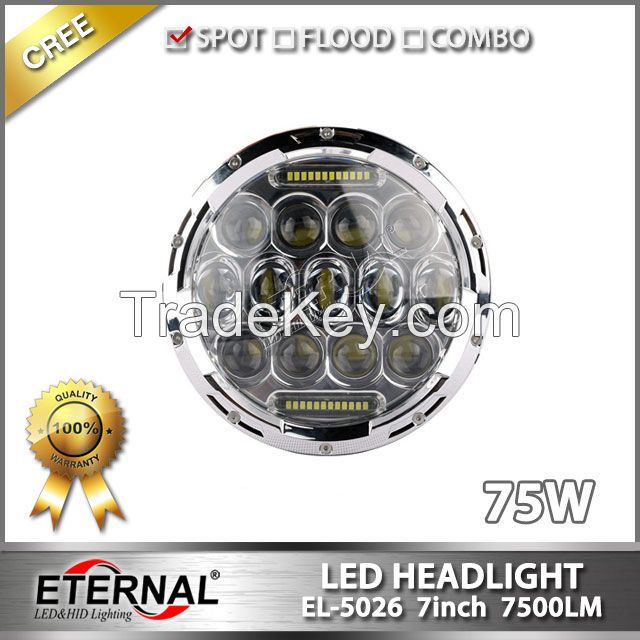 7inch 75W auto led headlight High Low Beam LED Motorcycle Headlight Offroad Driving headlamp for 4x4 jeep Wrangler CJ JK TJ