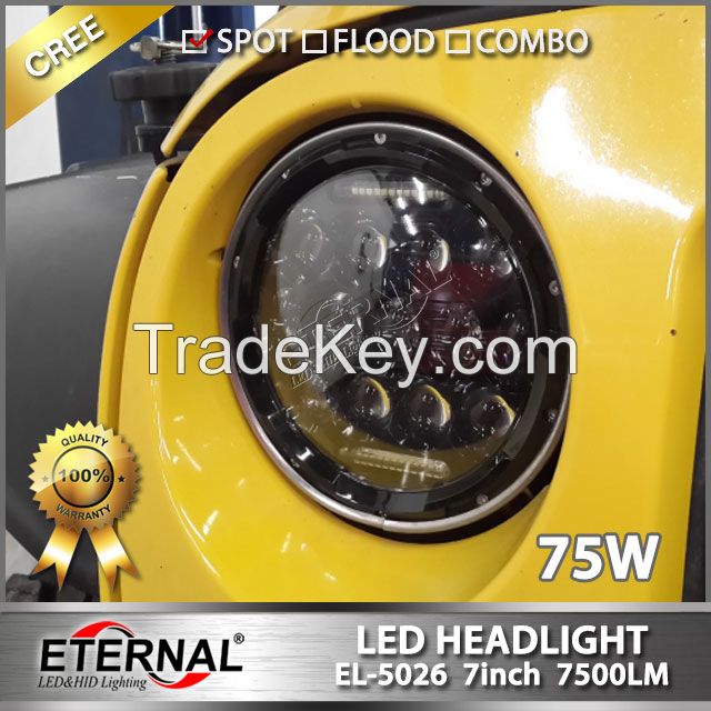 7inch 75W auto led headlight High Low Beam LED Motorcycle Headlight Offroad Driving headlamp for 4x4 jeep Wrangler CJ JK TJ