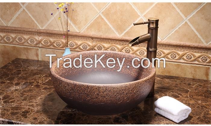 Jingdezhen Gucheng Modern Artistic Handmade Above Counter Without Faucet Bathroom Round Ceramic Vessel Sink Art Basin