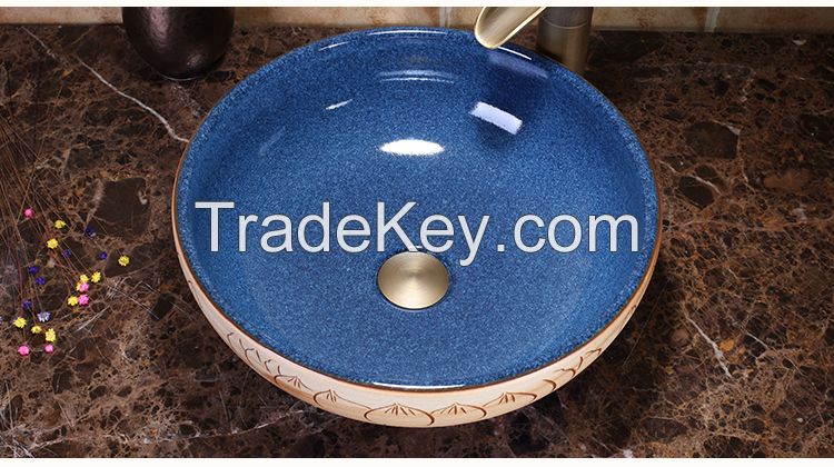 Jingdezhen Gucheng European Style Handmade High-end Classical Above Counter Bathroom Round Ceramic Vessel Sink Art Basin