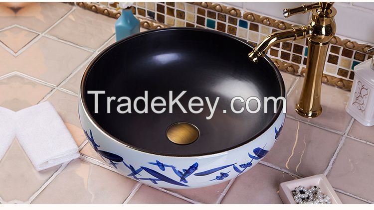 Jingdezhen Gucheng Handmade Kitchen Above Counter Bathroom Round Ceramic Vessel Sink Art Basin