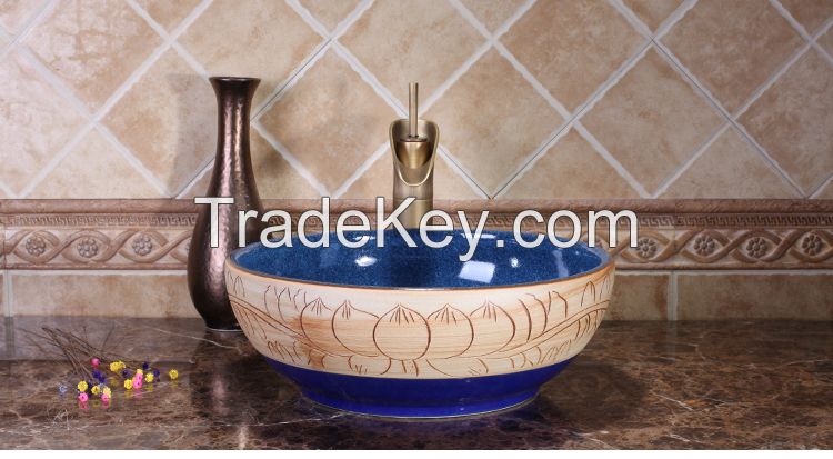 Jingdezhen Gucheng European Style Handmade High-end Classical Above Counter Bathroom Round Ceramic Vessel Sink Art Basin