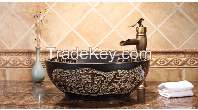 Jingdezhen Gucheng Hotel Modern Luxury Artistic Counter Bathroom Round Ceramic Vessel Sink Art Basin