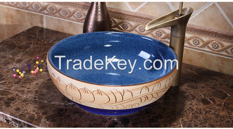 Jingdezhen Gucheng European Style Handmade High-end Classical Above Counter Bathroom Round Ceramic Vessel Sink Art Basin