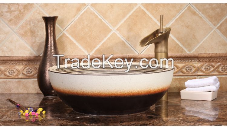 Jingdezhen Gucheng Handmade Above Counter Top Without Faucet Artistic Bathroom Round Ceramic Vessel Sink Art Basin