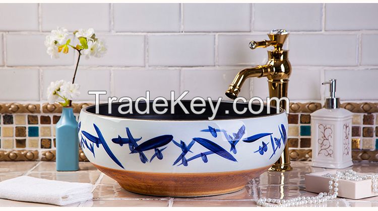 Jingdezhen Gucheng Handmade Kitchen Above Counter Bathroom Round Ceramic Vessel Sink Art Basin